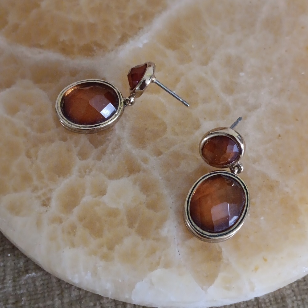 Gold Tone Faux Bezel Set Amber Tear Drop Earrings